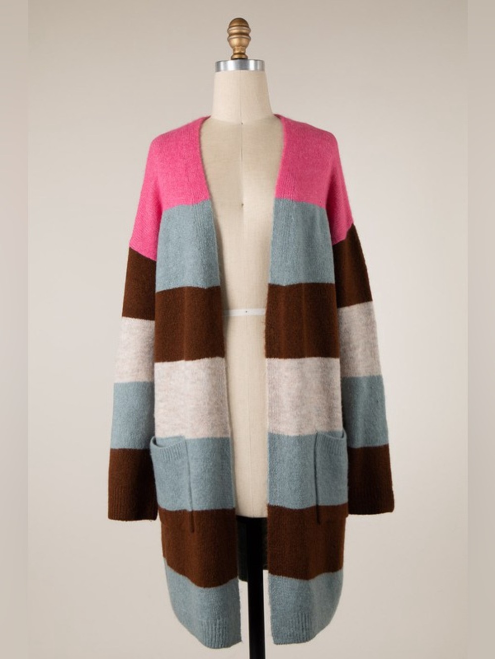 Pink color block stripe open boho western long duster knit cardigan sweater
